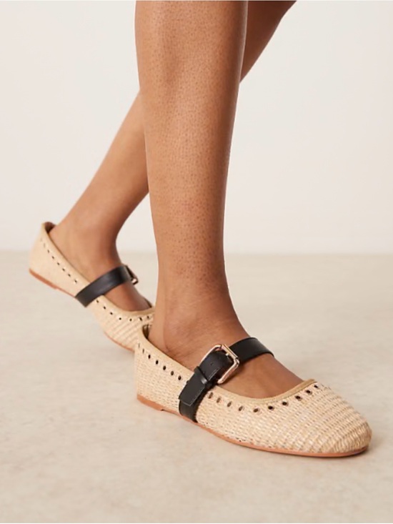 ASOS Design Shoes - ASOS DESIGN Larson eyelet raffia mary jane ballets in natural weave Sz 6